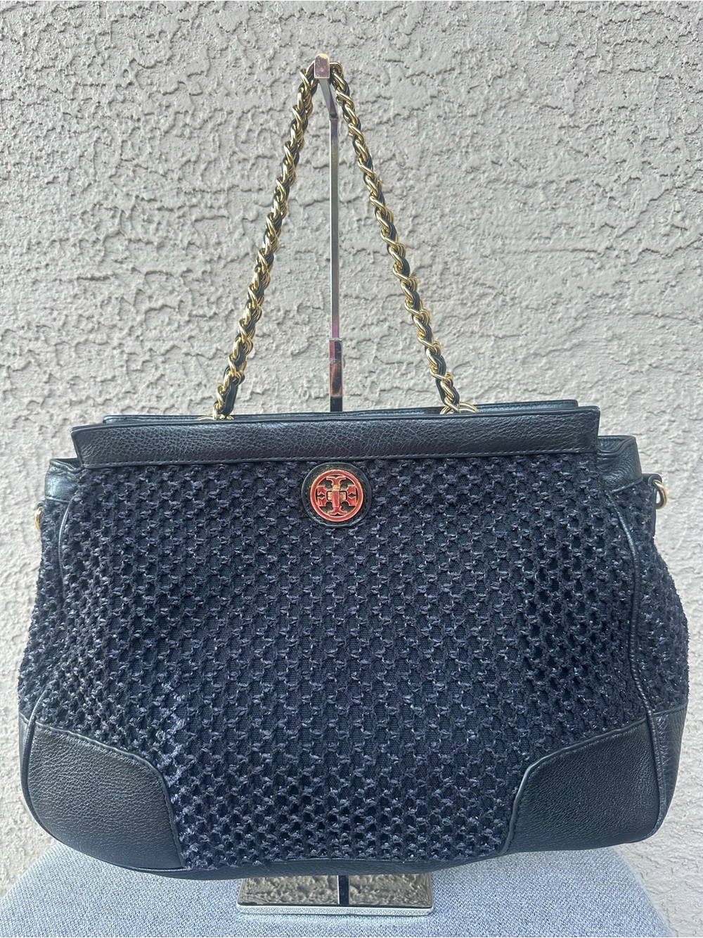 Tory Burch Black Woven Chain-Handle Shoulder Bag with Gold Logo